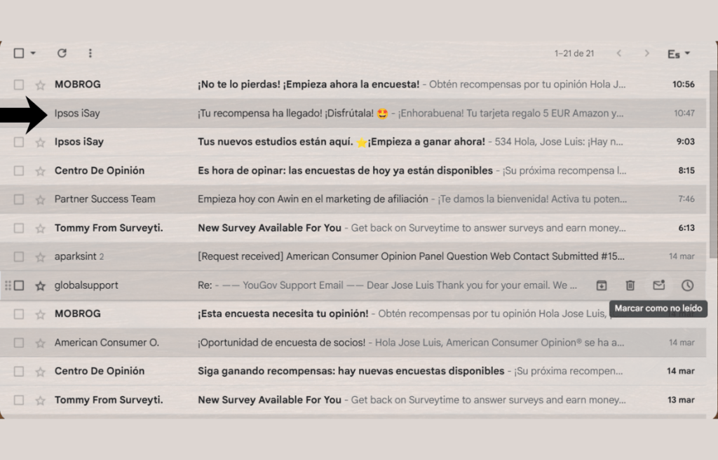 Bandeja de entrada de Gmail que contiene el correo con la recompensa de Ipsos iSay
