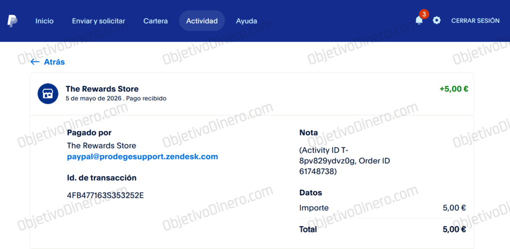 Comprobante del pago de ySense de 5 € por Paypal del 5 de mayo de 2026