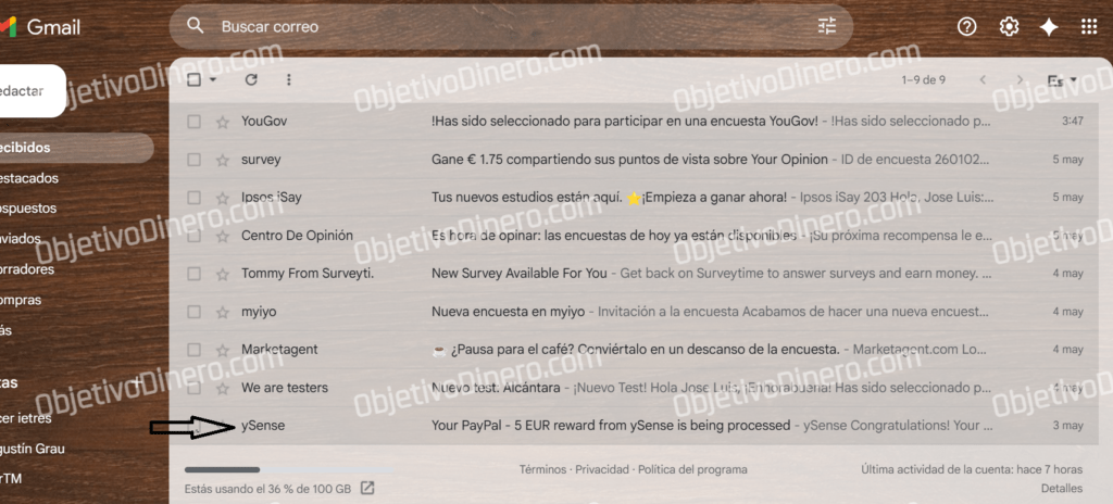 Solicitud de pago a ySense de 5 € el día 3 de mayo de 2026